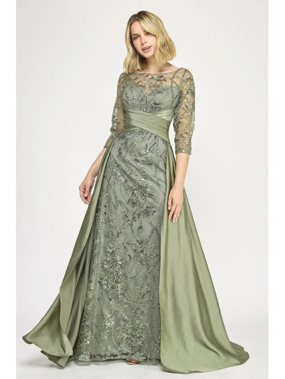Lenovia 8355 Satin and Lace Mother's Formal Gown-Size 4X-Sage Green